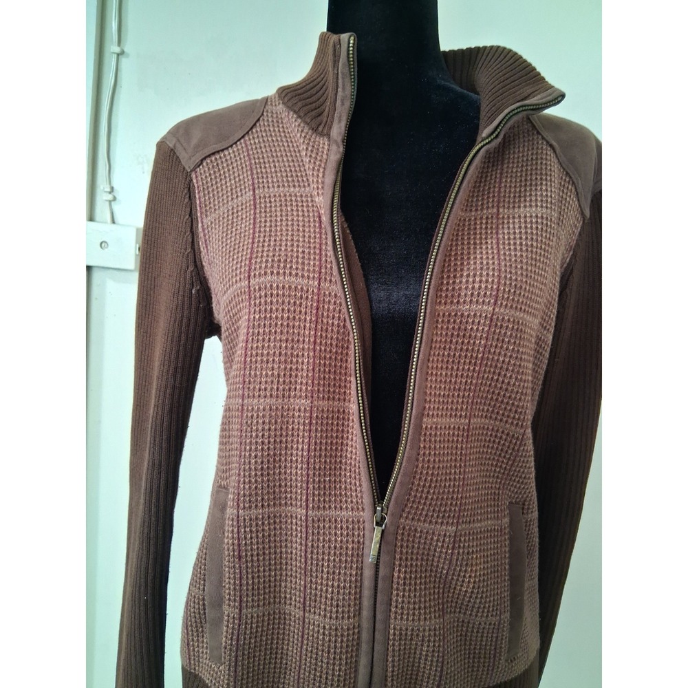 Ralph Lauren LRL Brown Plaid Full Zip Cardigan Suede Patch Sweater Womens Small - Picture 9 of 11